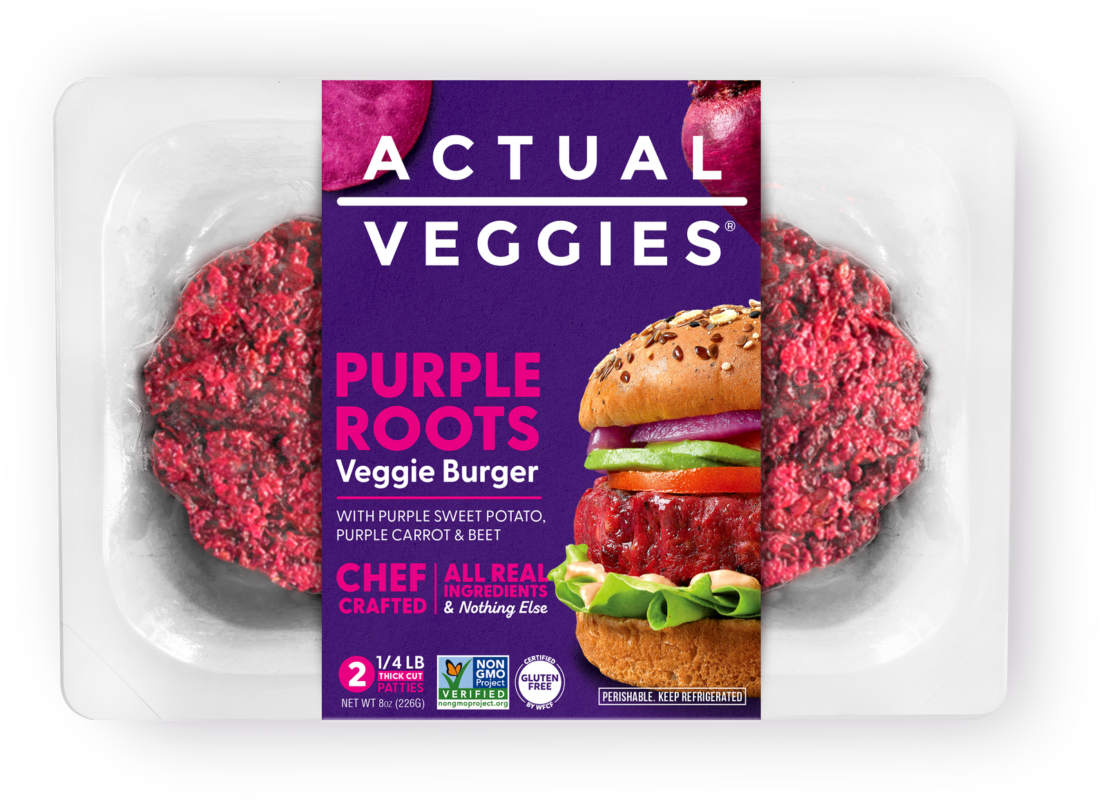 Purple Roots VeggieBurgers in Tray