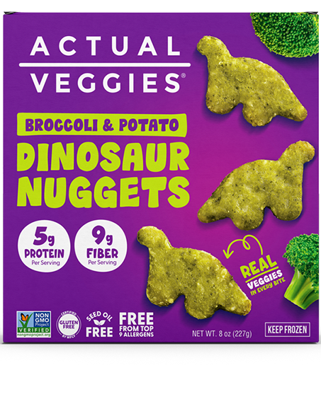 <p>Broccoli<br/>& potato dinosaur nuggets</p>